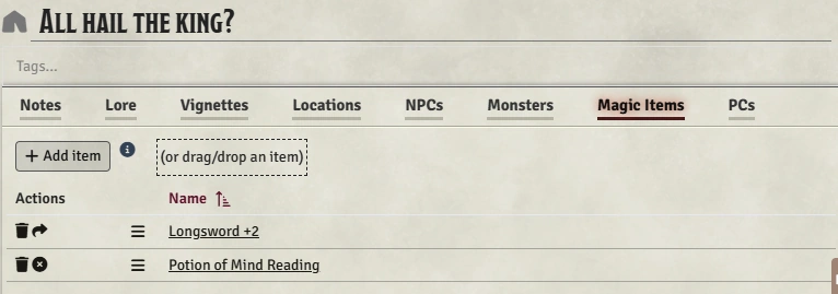 Session Magic Items Tab