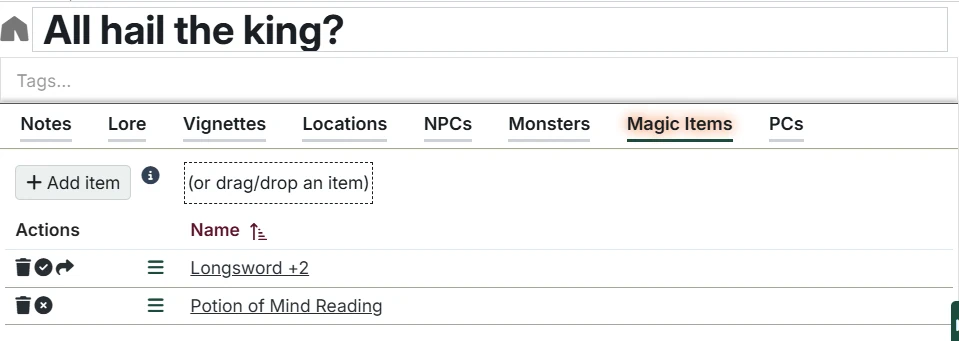 Session Magic Items Tab