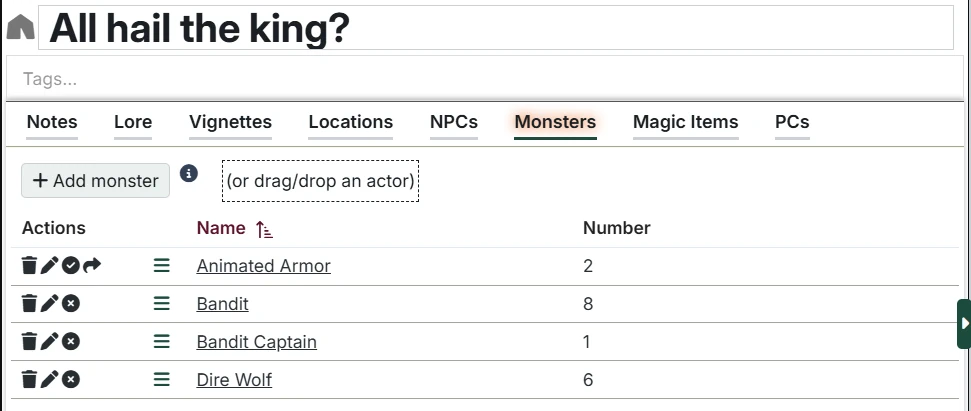 Session Monsters Tab