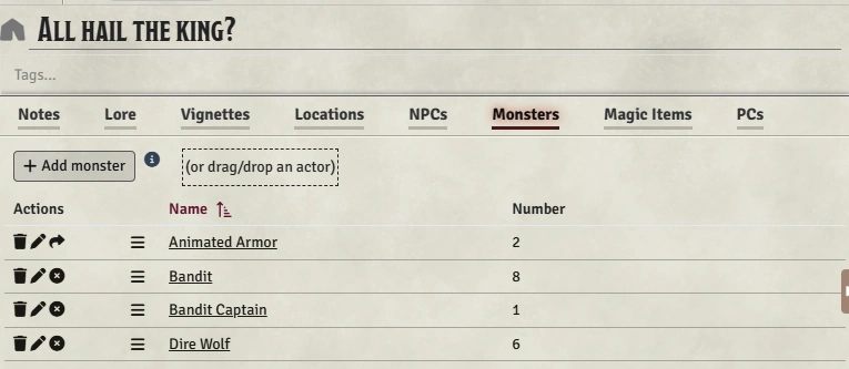 Session Monsters Tab