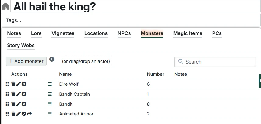 Session Monsters Tab