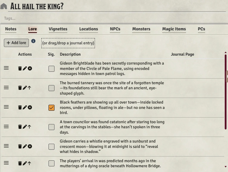 Session Lore Tab